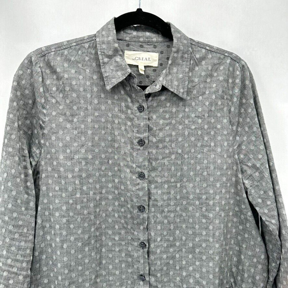 The Great. The Ruffle Oxford Top Size XS Cotton Polka Dot Grey Peplum Preppy - Picture 3 of 12